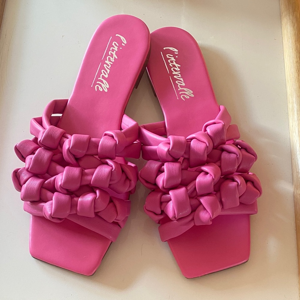 L’Intervalle hot pink leather flat slide sandals NWOT